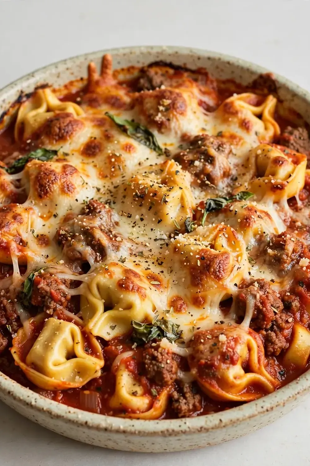 Baked Cheese Tortellini with Beef Marinara