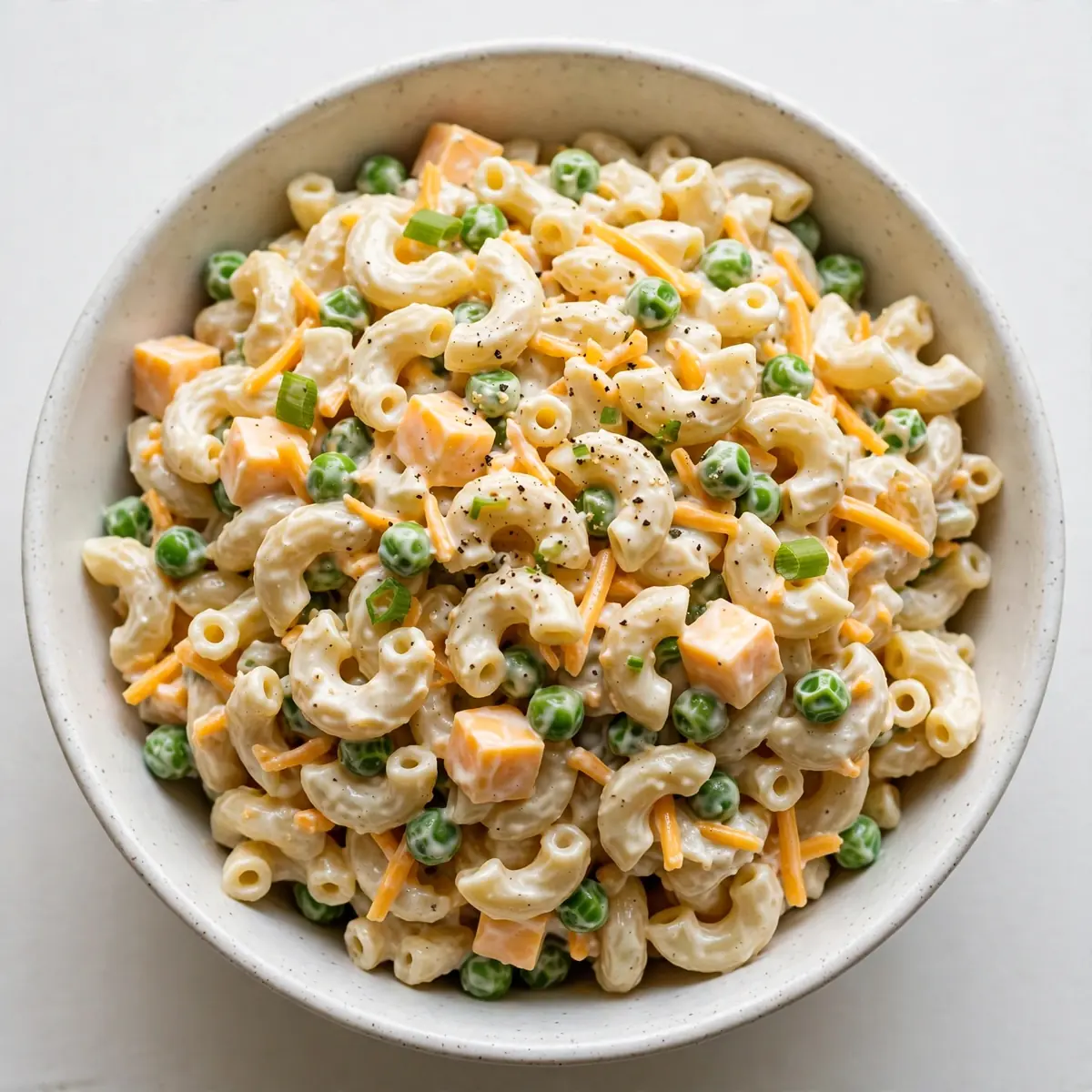 Quick 20-Min Creamy Macaroni Salad with Cheddar and Peas