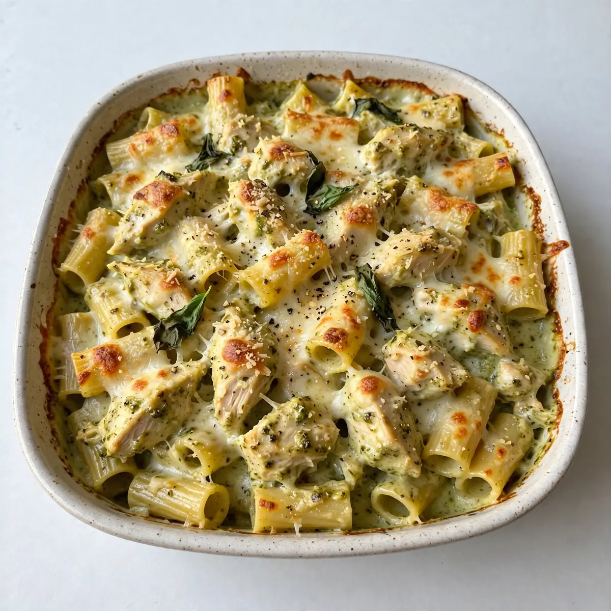 Quick Creamy Pesto Chicken Pasta Bake