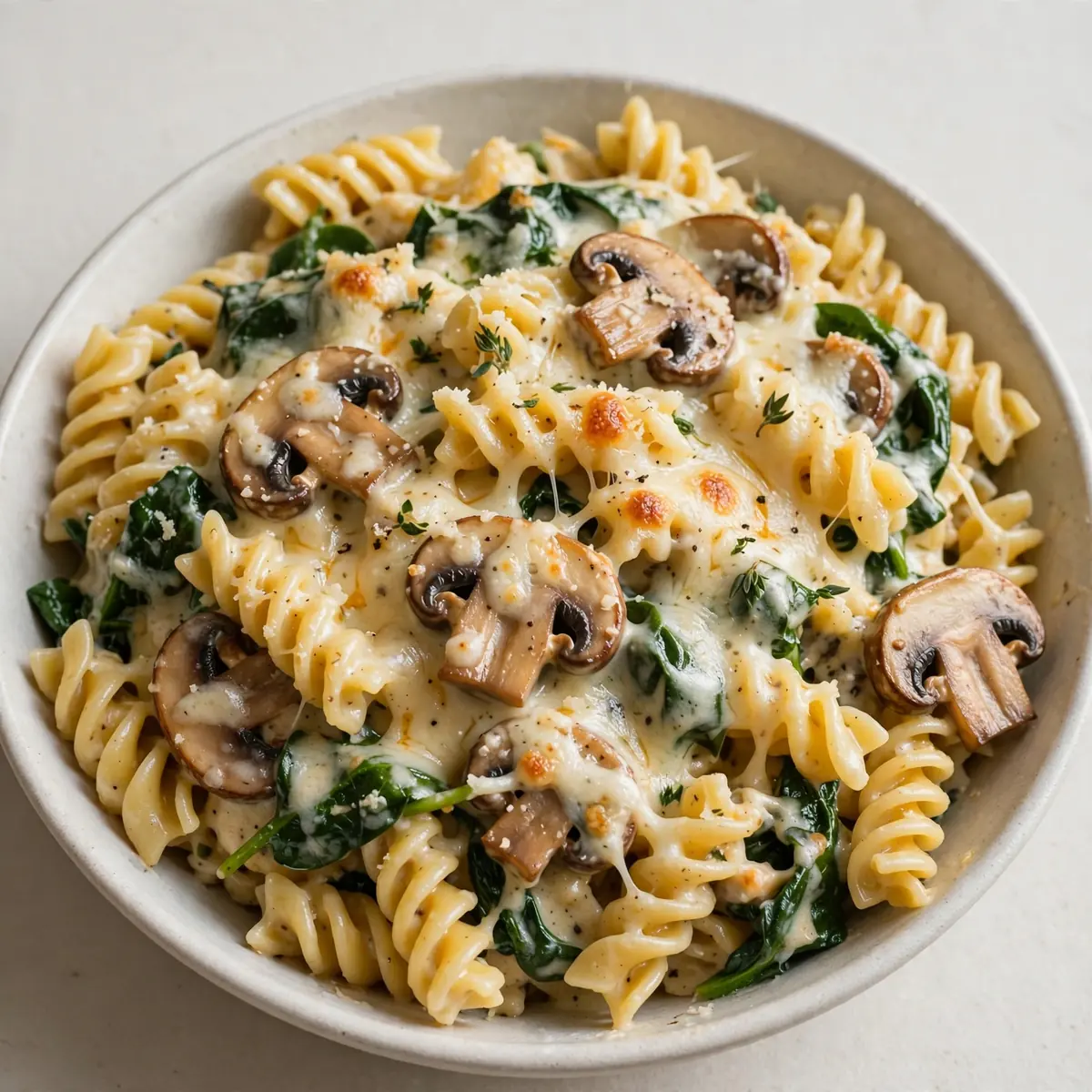 Quick One-Pan Cheesy Mushroom and Spinach Rotini