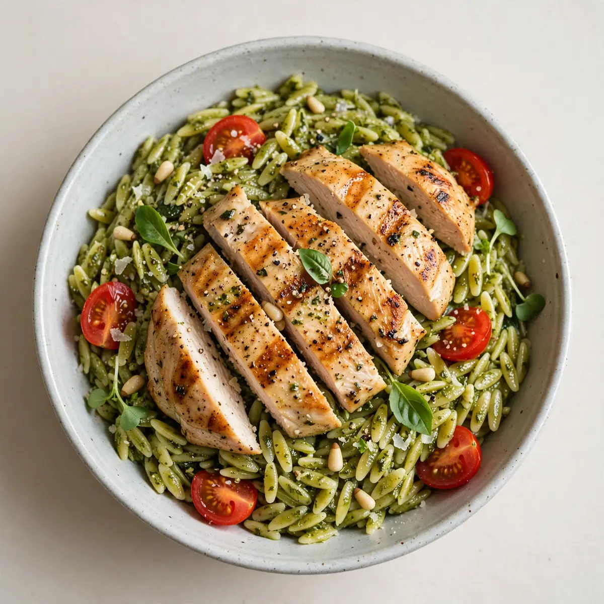 Quick Pesto Orzo and Grilled Chicken Bowl