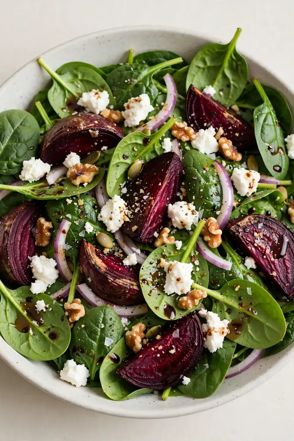 Spinach and Roasted Beet Salad with Goat Cheese
